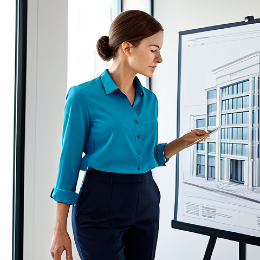 A professional female architect in a fully clothed, modest business casual outfit (dress pants and blouse), standing in a brightly lit, modern architectural office, reviewing blueprints. Safe for work, appropriate content, perfect anatomy, natural pose, well-formed hands, proper finger count, natural body proportions, high quality.