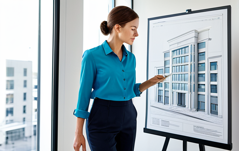 A professional female architect in a fully clothed, modest business casual outfit (dress pants and blouse), standing in a brightly lit, modern architectural office, reviewing blueprints. Safe for work, appropriate content, perfect anatomy, natural pose, well-formed hands, proper finger count, natural body proportions, high quality.