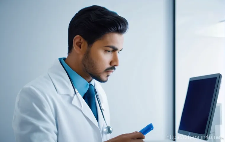 윈도우 안전 모드로 부팅하는 방법 - **Prompt:** A focused professional, depicted as a "computer doctor," meticulously examining a deskto...