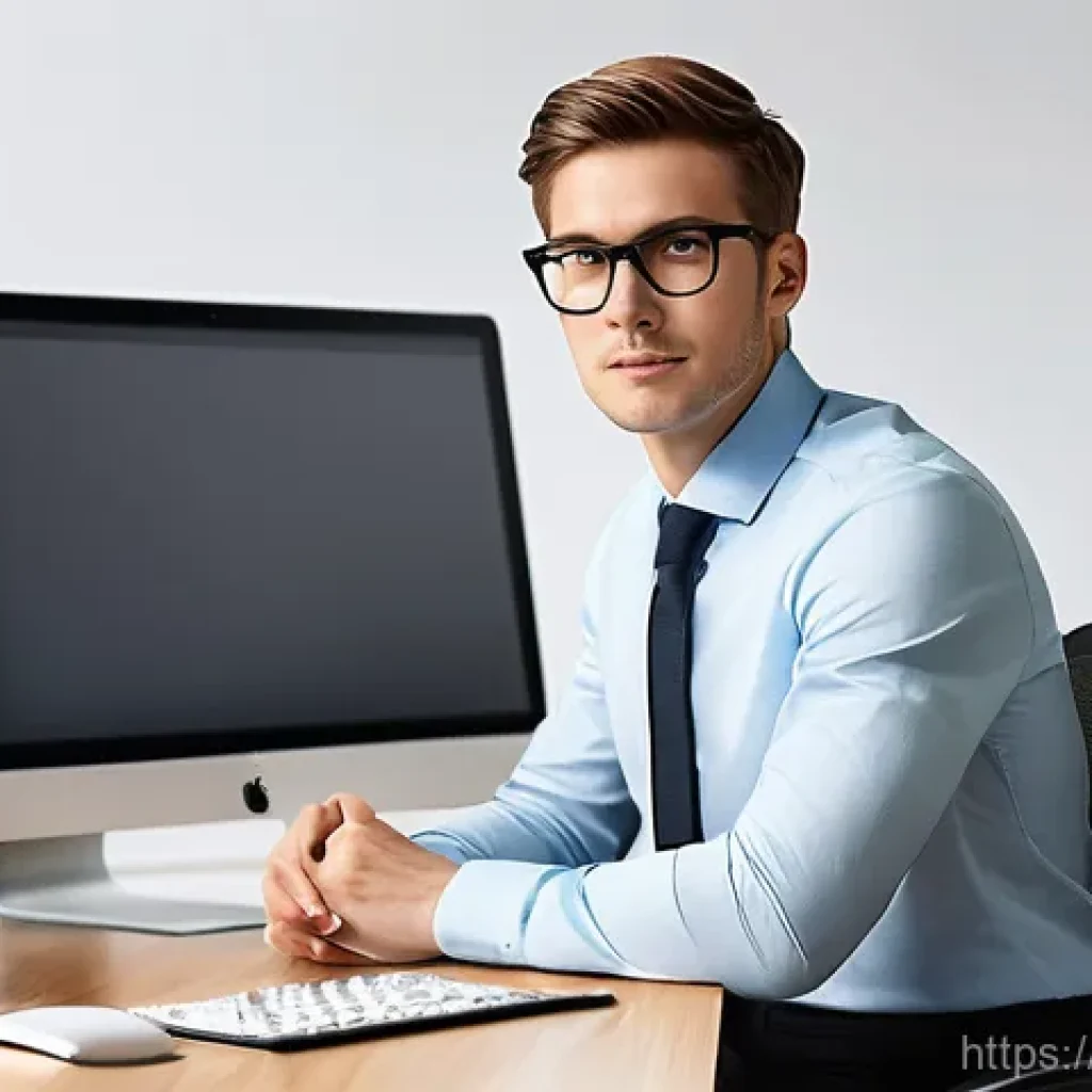 윈도우와 macOS의 기본 소프트웨어 비교 - **Prompt: "A young professional, approximately 25-30 years old, with neat short hair, wearing a styl...