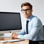 윈도우와 macOS의 기본 소프트웨어 비교 - **Prompt: "A young professional, approximately 25-30 years old, with neat short hair, wearing a styl...