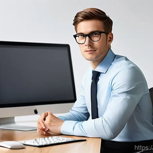 윈도우와 macOS의 기본 소프트웨어 비교 - **Prompt: "A young professional, approximately 25-30 years old, with neat short hair, wearing a styl...