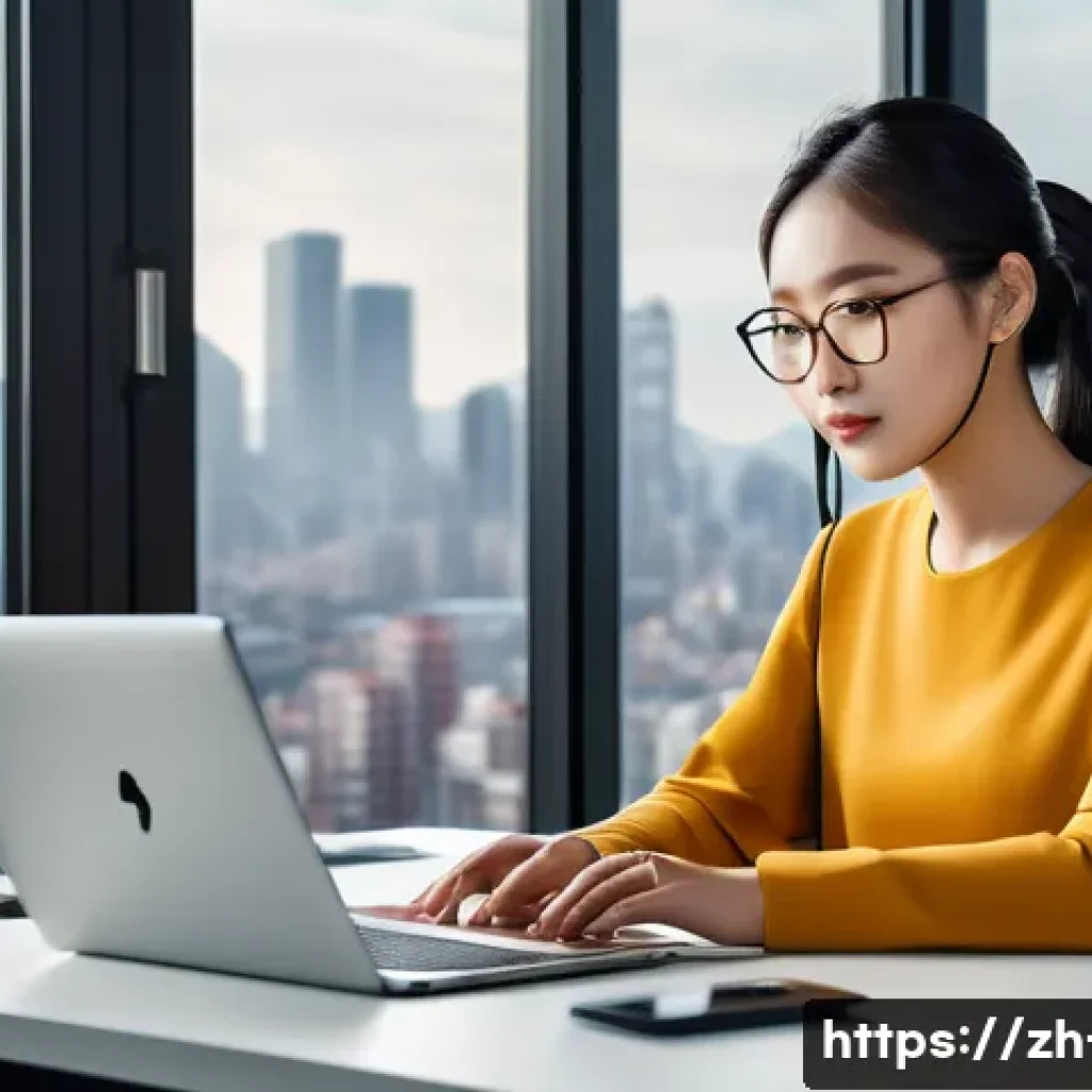 윈도우 업데이트 오류 해결 방법 - A modern home office scene showing a young Chinese professional sitting at a sleek desk with a lapto...