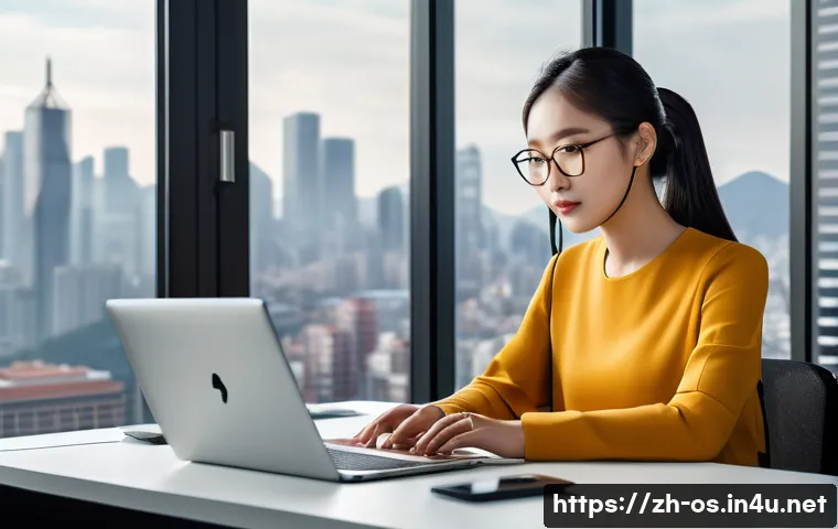 윈도우 업데이트 오류 해결 방법 - A modern home office scene showing a young Chinese professional sitting at a sleek desk with a lapto...
