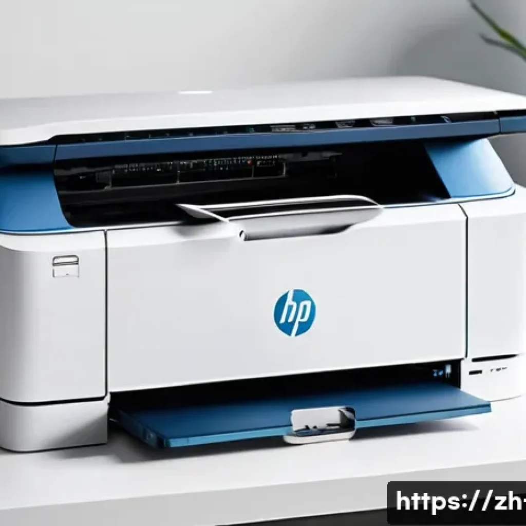 macOS에서 프린터 설치 및 설정 방법 - A modern home office setup featuring a sleek HP LaserJet Pro M15w wireless printer on a minimalist w...