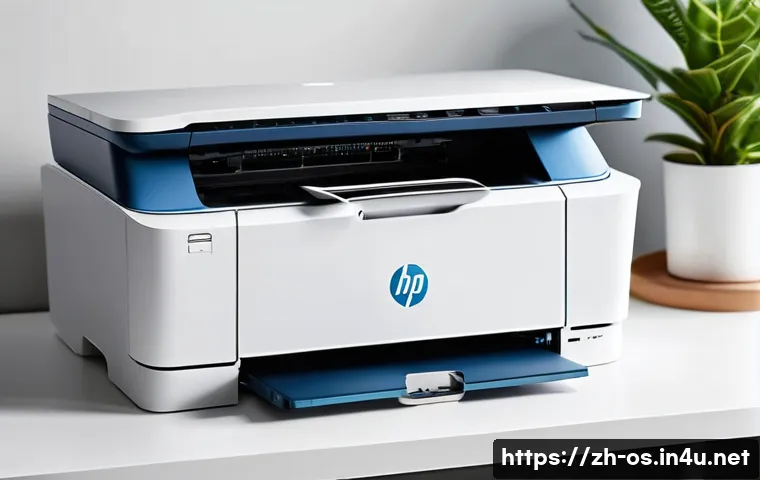 macOS에서 프린터 설치 및 설정 방법 - A modern home office setup featuring a sleek HP LaserJet Pro M15w wireless printer on a minimalist w...