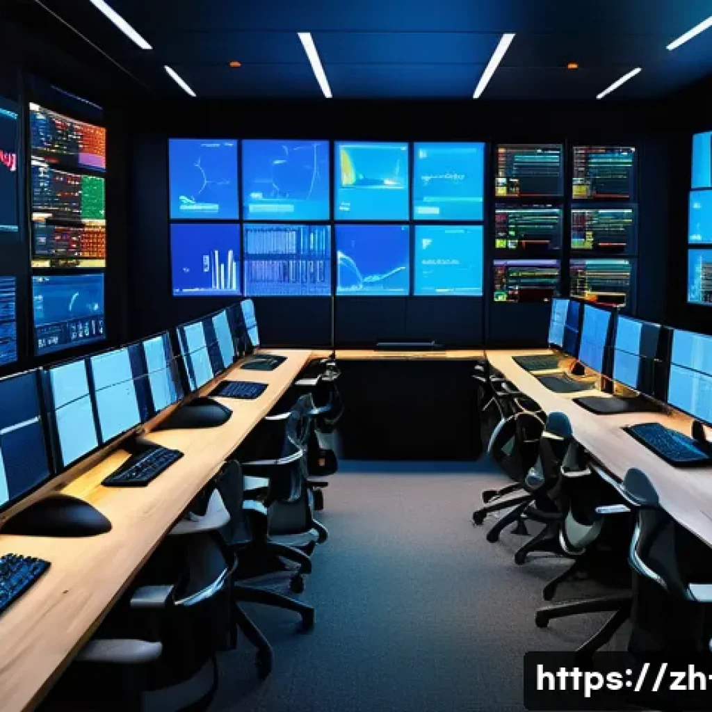 리눅스에서 서버 로그 모니터링 방법 - A modern centralized log management control room, featuring large digital screens displaying colorfu...