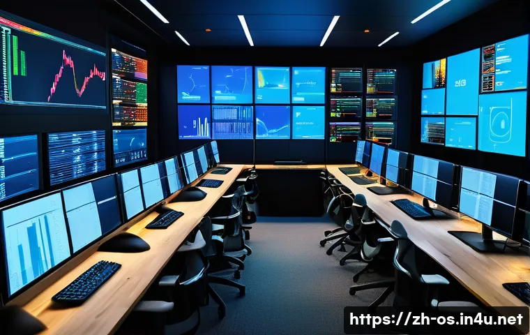 리눅스에서 서버 로그 모니터링 방법 - A modern centralized log management control room, featuring large digital screens displaying colorfu...