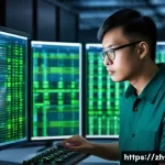 리눅스에서 자동 업데이트 설정 방법 - A modern Linux server room scene with multiple racks of servers displaying digital status monitors. ...