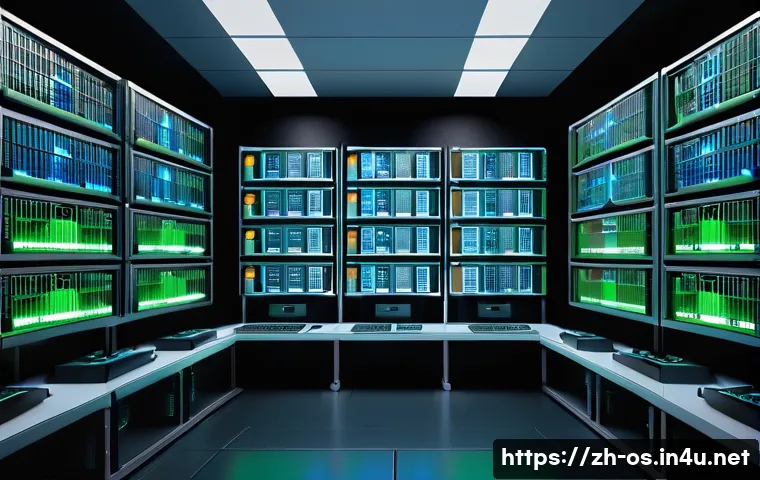 리눅스에서 시스템 로그 확인 방법 - A detailed and realistic illustration of a Linux server room environment featuring multiple racks of...