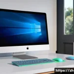 macOS에서 윈도우를 설치하는 방법 - A modern workspace featuring a sleek MacBook with an Intel chip running Boot Camp Assistant on scree...