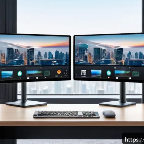 윈도우 11의 새로 추가된 기능 - A modern office setup featuring a sleek Windows 11 desktop screen displaying multiple smart window l...