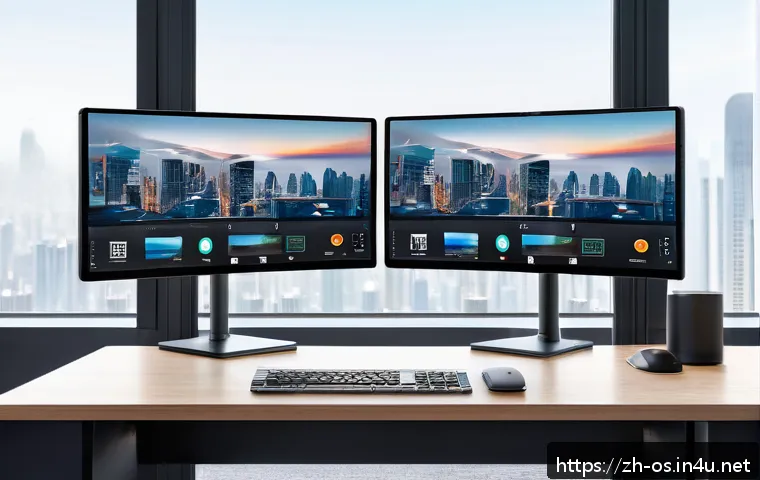윈도우 11의 새로 추가된 기능 - A modern office setup featuring a sleek Windows 11 desktop screen displaying multiple smart window l...