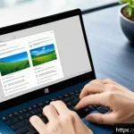 윈도우 11에서 앱 호환성 문제 해결 - A modern office scene showing a professional user adjusting Windows 11 compatibility settings on a s...