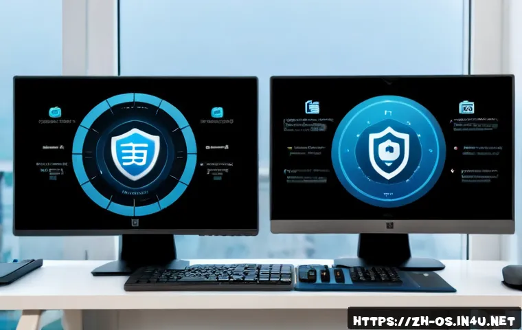윈도우 디펜더와 macOS의 보안 시스템 비교 - Photorealistic side-by-side cybersecurity comparison on a clean modern home office desk, two unbrand...